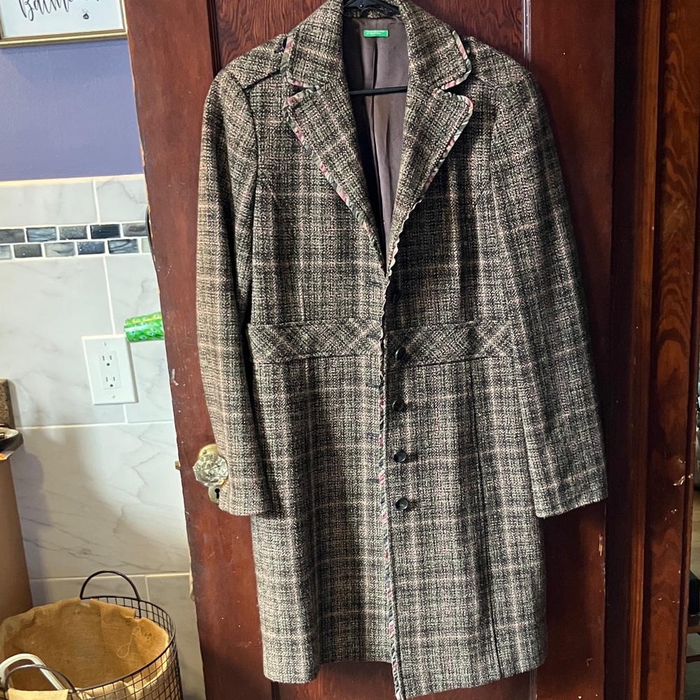 United Colors Of Benetton Womens Double Breasted Plaid Checkered Trench Coat